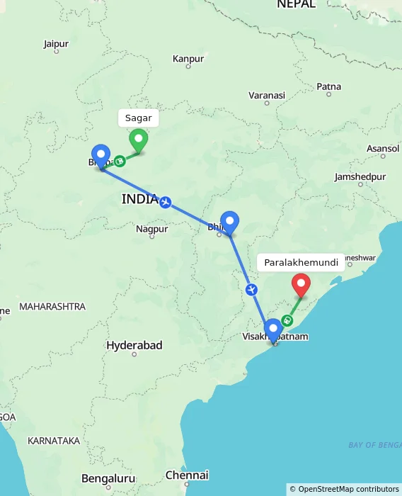 Route map showing distance and travel time from Sagar, India to Paralakhemundi, India