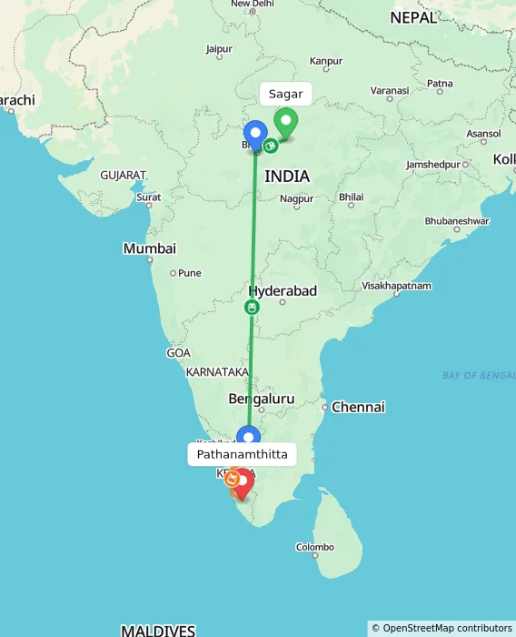 Route map showing distance and travel time from Sagar, India to Pathanamthitta, India