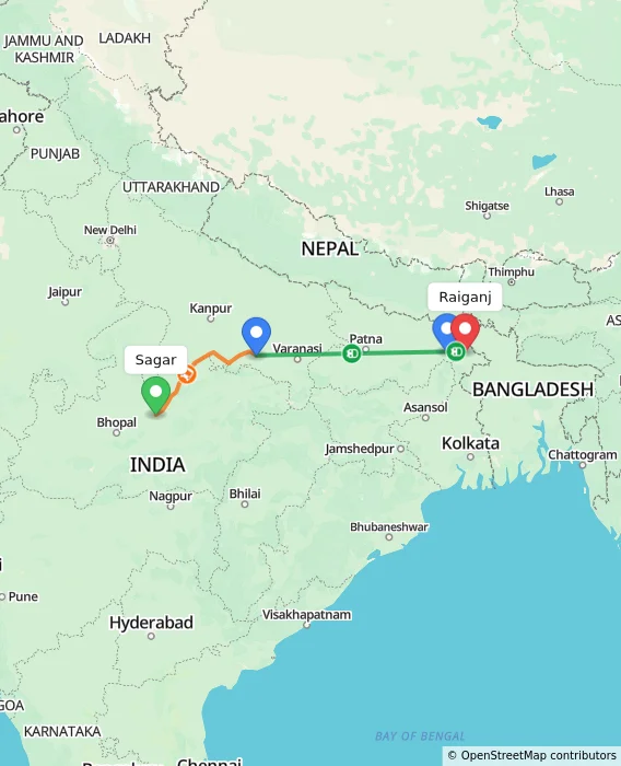 Route map showing distance and travel time from Sagar, India to Raiganj, India