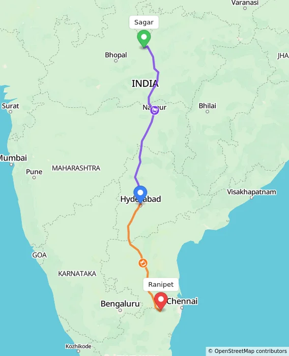Route map showing distance and travel time from Sagar, India to Ranipet, India