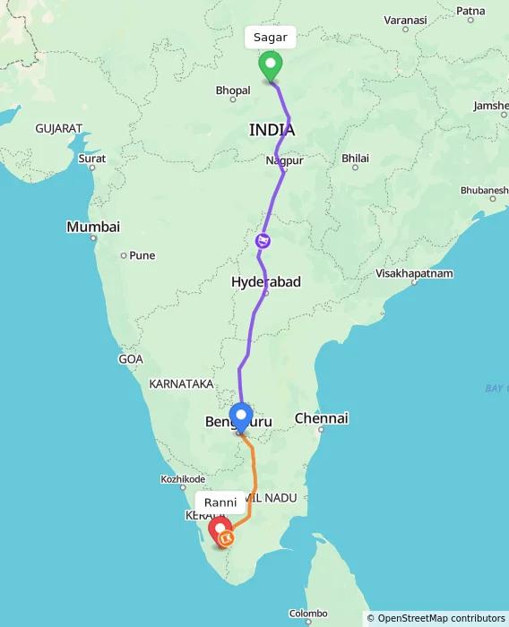 Route map showing distance and travel time from Sagar, India to Ranni, India