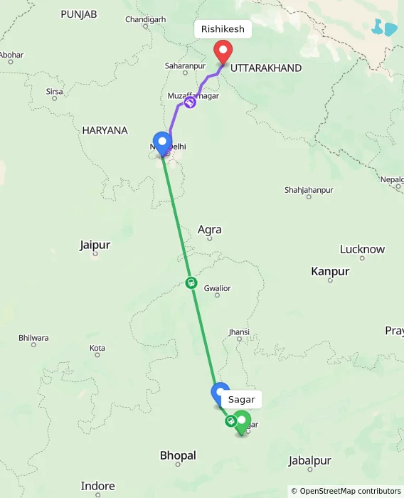 Route map showing distance and travel time from Sagar, India to Rishikesh, India