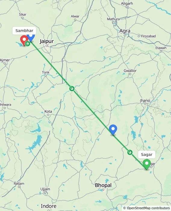 Route map showing distance and travel time from Sagar, India to Sambhar, India