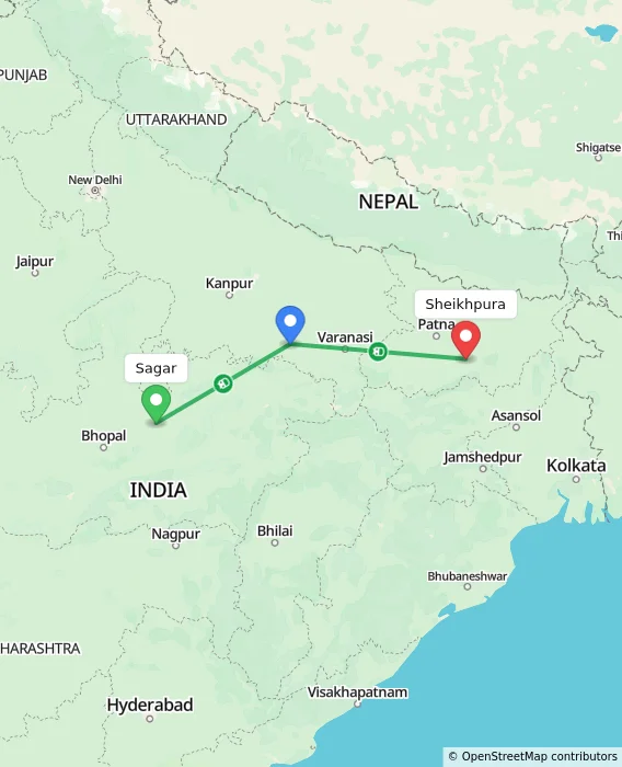 Route map showing distance and travel time from Sagar, India to Sheikhpura, India