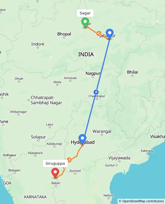 Route map showing distance and travel time from Sagar, India to Siruguppa, India