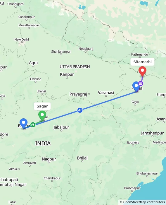 Route map showing distance and travel time from Sagar, India to Sitamarhi, India