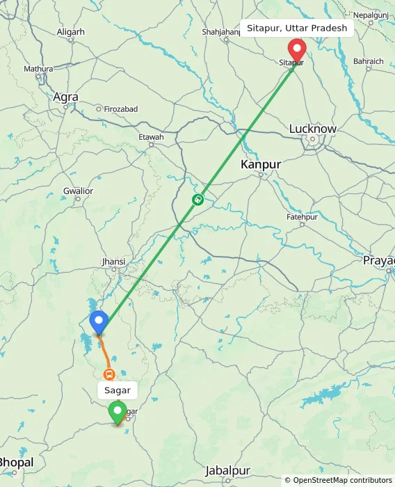 Route map showing distance and travel time from Sagar, India to Sitapur, Uttar Pradesh, India
