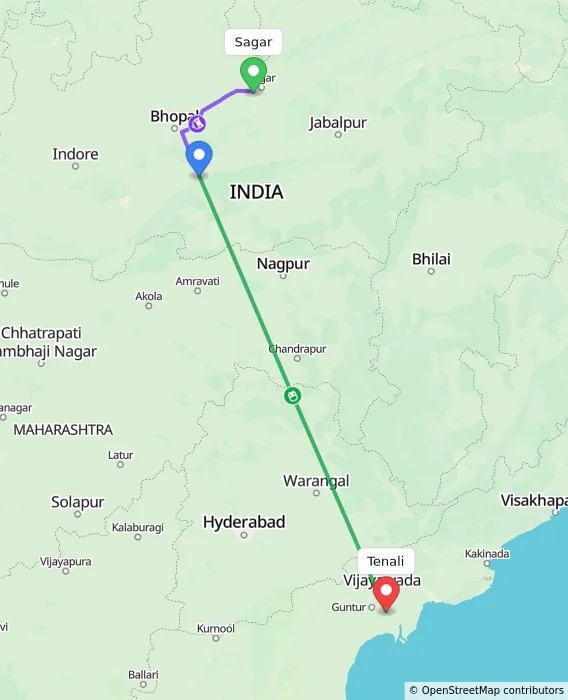 Route map showing distance and travel time from Sagar, India to Tenali, India