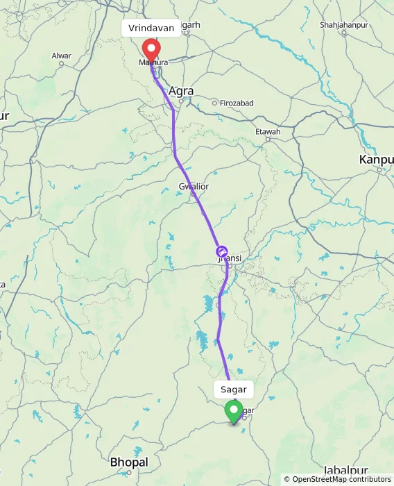 Route map showing distance and travel time from Sagar, India to Vrindavan, India