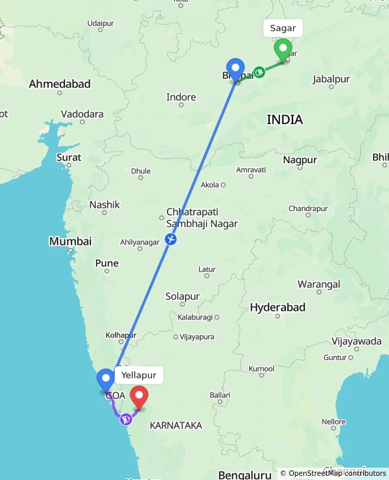 Route map showing distance and travel time from Sagar, India to Yellapur, India