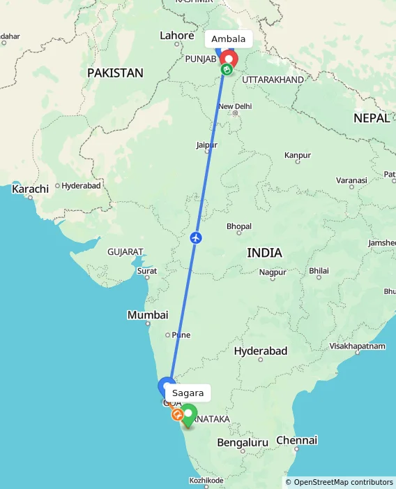 Route map showing distance and travel time from Sagara, India to Ambala, India