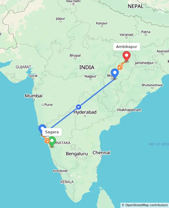 Route map showing distance and travel time from Sagara, India to Ambikapur, India