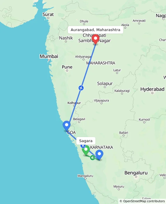 Route map showing distance and travel time from Sagara, India to Aurangabad, Maharashtra, India