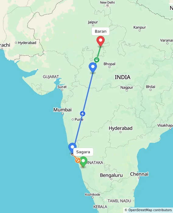 Route map showing distance and travel time from Sagara, India to Baran, India