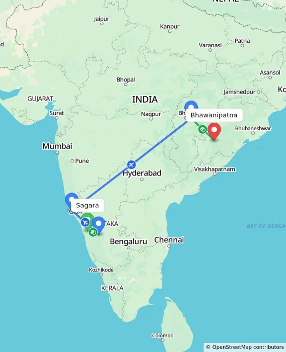 Route map showing distance and travel time from Sagara, India to Bhawanipatna, India