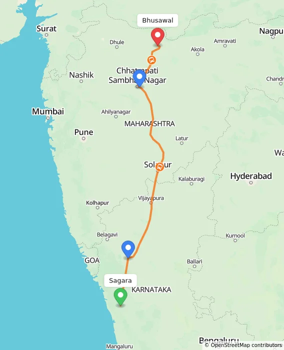 Route map showing distance and travel time from Sagara, India to Bhusawal, India