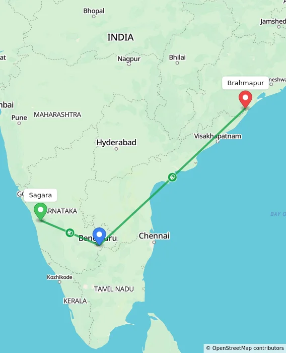 Route map showing distance and travel time from Sagara, India to Brahmapur, India
