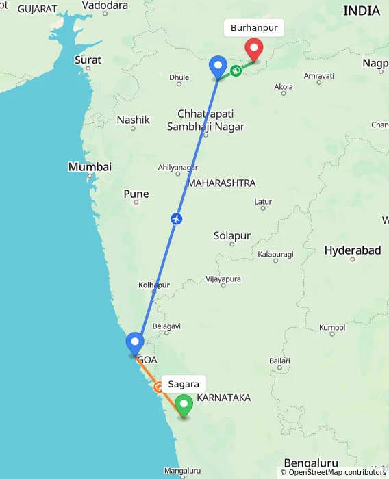 Route map showing distance and travel time from Sagara, India to Burhanpur, India