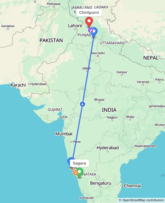 Route map showing distance and travel time from Sagara, India to Chintpurni, India