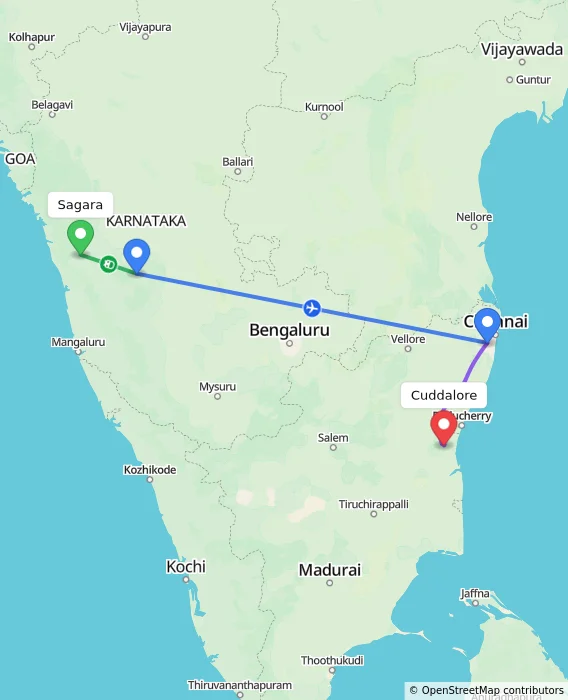 Route map showing distance and travel time from Sagara, India to Cuddalore, India