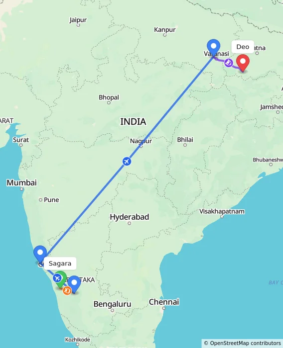 Route map showing distance and travel time from Sagara, India to Deo, India