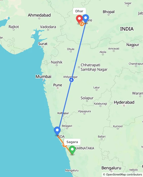 Route map showing distance and travel time from Sagara, India to Dhar, India
