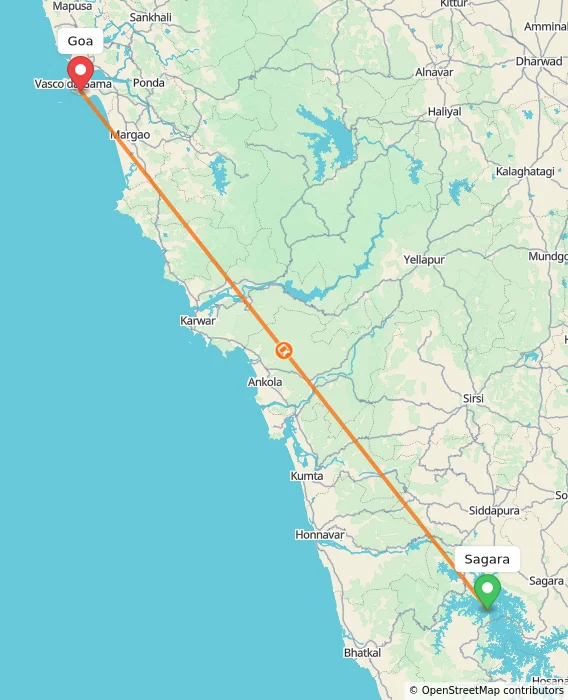 Route map showing distance and travel time from Sagara, India to Goa, India