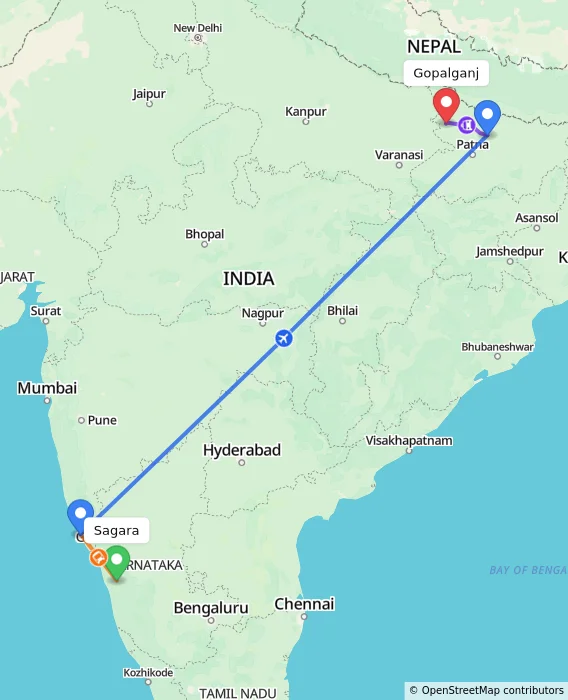 Route map showing distance and travel time from Sagara, India to Gopalganj, India