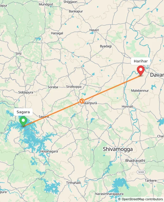Route map showing distance and travel time from Sagara, India to Harihar, India