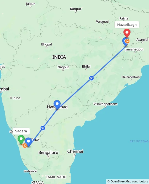 Route map showing distance and travel time from Sagara, India to Hazaribagh, India