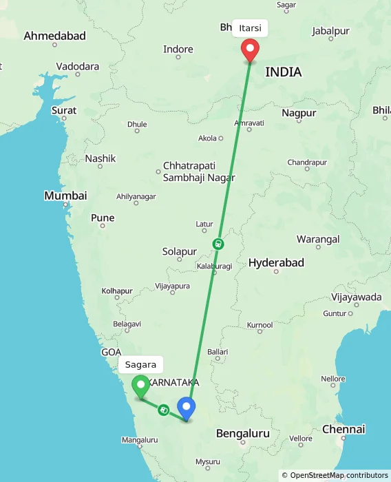 Route map showing distance and travel time from Sagara, India to Itarsi, India