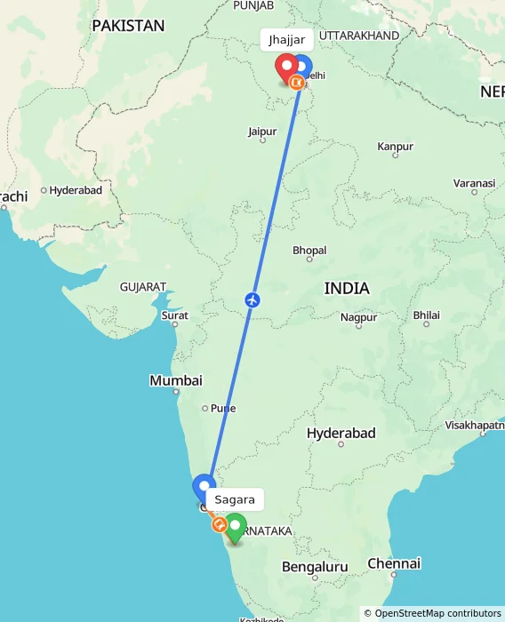 Route map showing distance and travel time from Sagara, India to Jhajjar, India