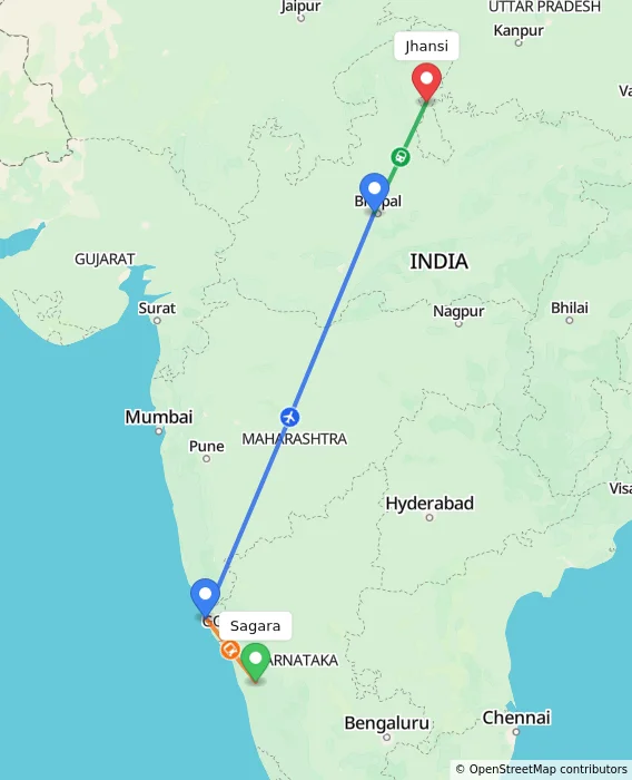 Route map showing distance and travel time from Sagara, India to Jhansi, India