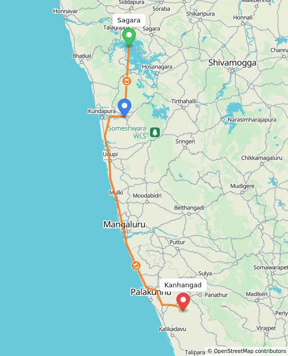 Route map showing distance and travel time from Sagara, India to Kanhangad, India