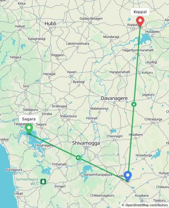 Route map showing distance and travel time from Sagara, India to Koppal, India