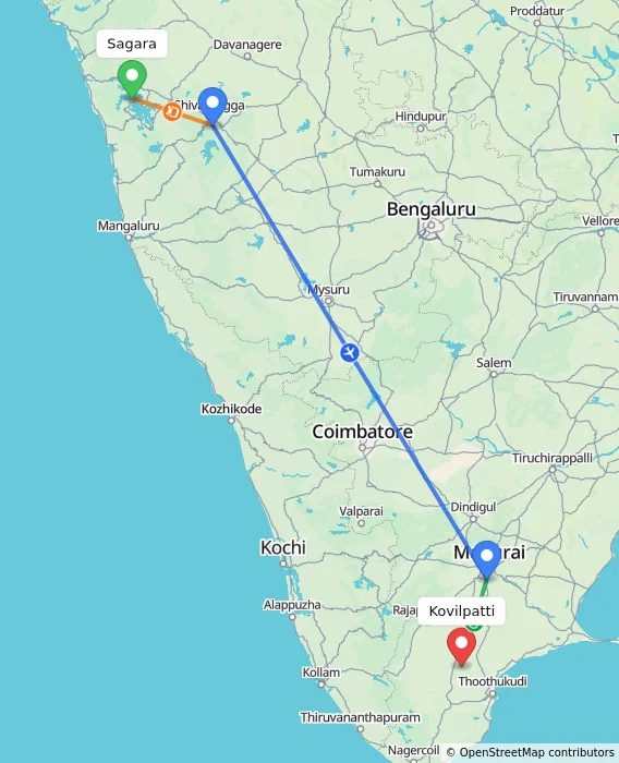 Route map showing distance and travel time from Sagara, India to Kovilpatti, India