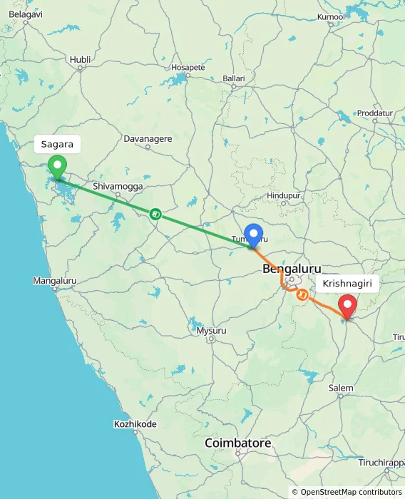 Route map showing distance and travel time from Sagara, India to Krishnagiri, India