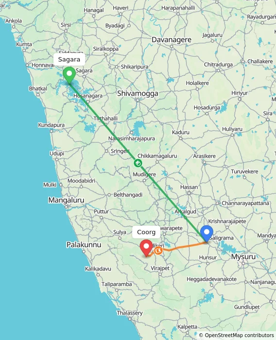 Route map showing distance and travel time from Sagara, India to Madikeri, India