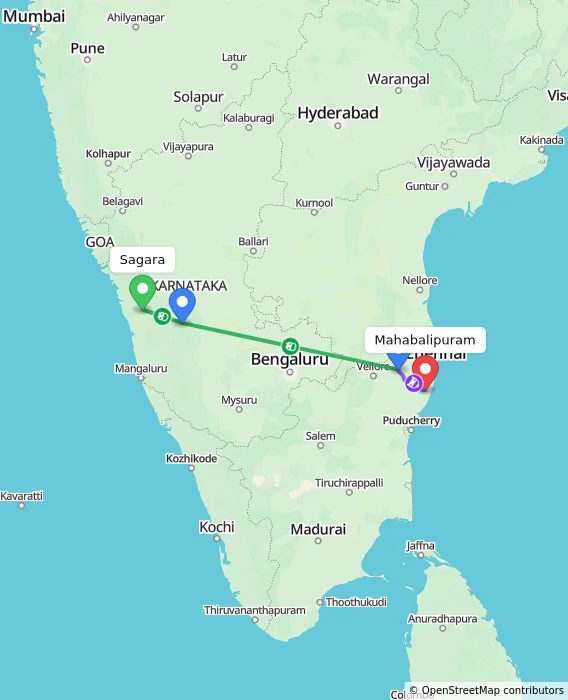 Route map showing distance and travel time from Sagara, India to Mahabalipuram, India