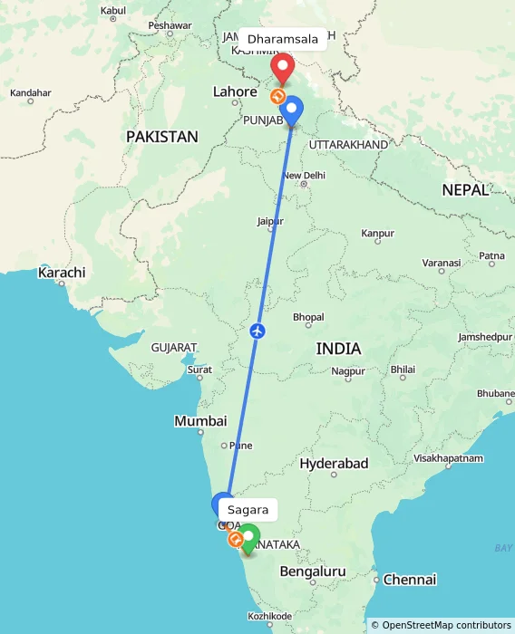 Route map showing distance and travel time from Sagara, India to Dharamsala, India