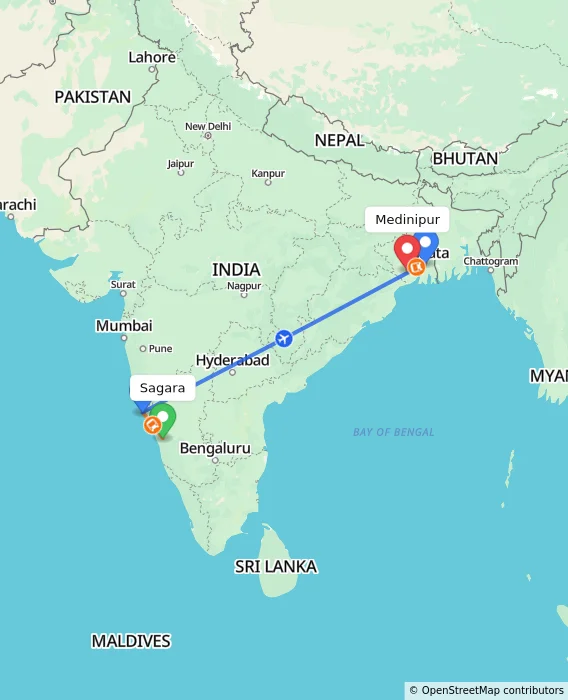Route map showing distance and travel time from Sagara, India to Medinipur, India