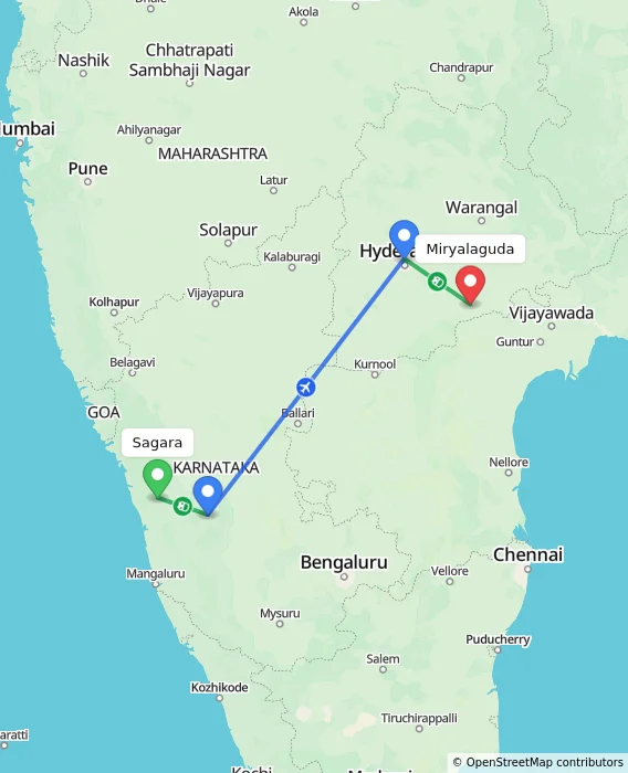 Route map showing distance and travel time from Sagara, India to Miryalaguda, India