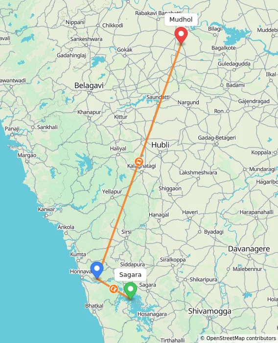 Route map showing distance and travel time from Sagara, India to Mudhol, India