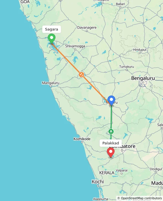 Route map showing distance and travel time from Sagara, India to Palakkad, India