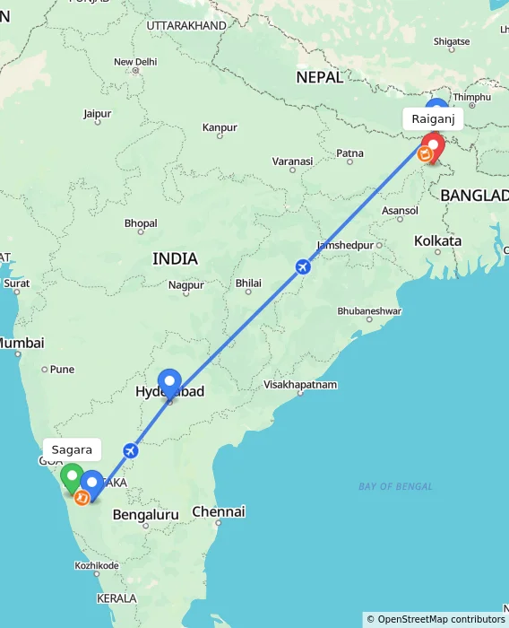 Route map showing distance and travel time from Sagara, India to Raiganj, India
