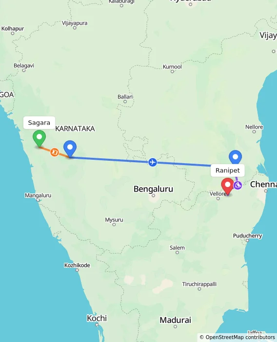 Route map showing distance and travel time from Sagara, India to Ranipet, India