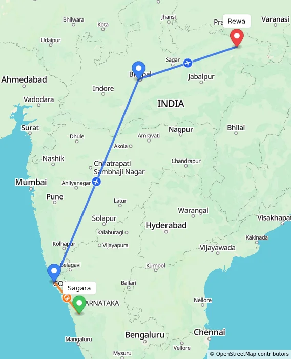 Route map showing distance and travel time from Sagara, India to Rewa, India