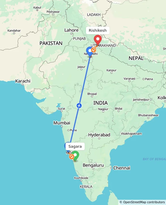 Route map showing distance and travel time from Sagara, India to Rishikesh, India