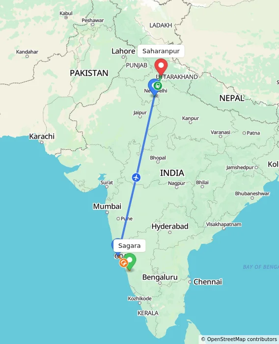 Route map showing distance and travel time from Sagara, India to Saharanpur, India