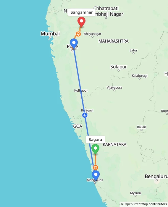 Route map showing distance and travel time from Sagara, India to Sangamner, India